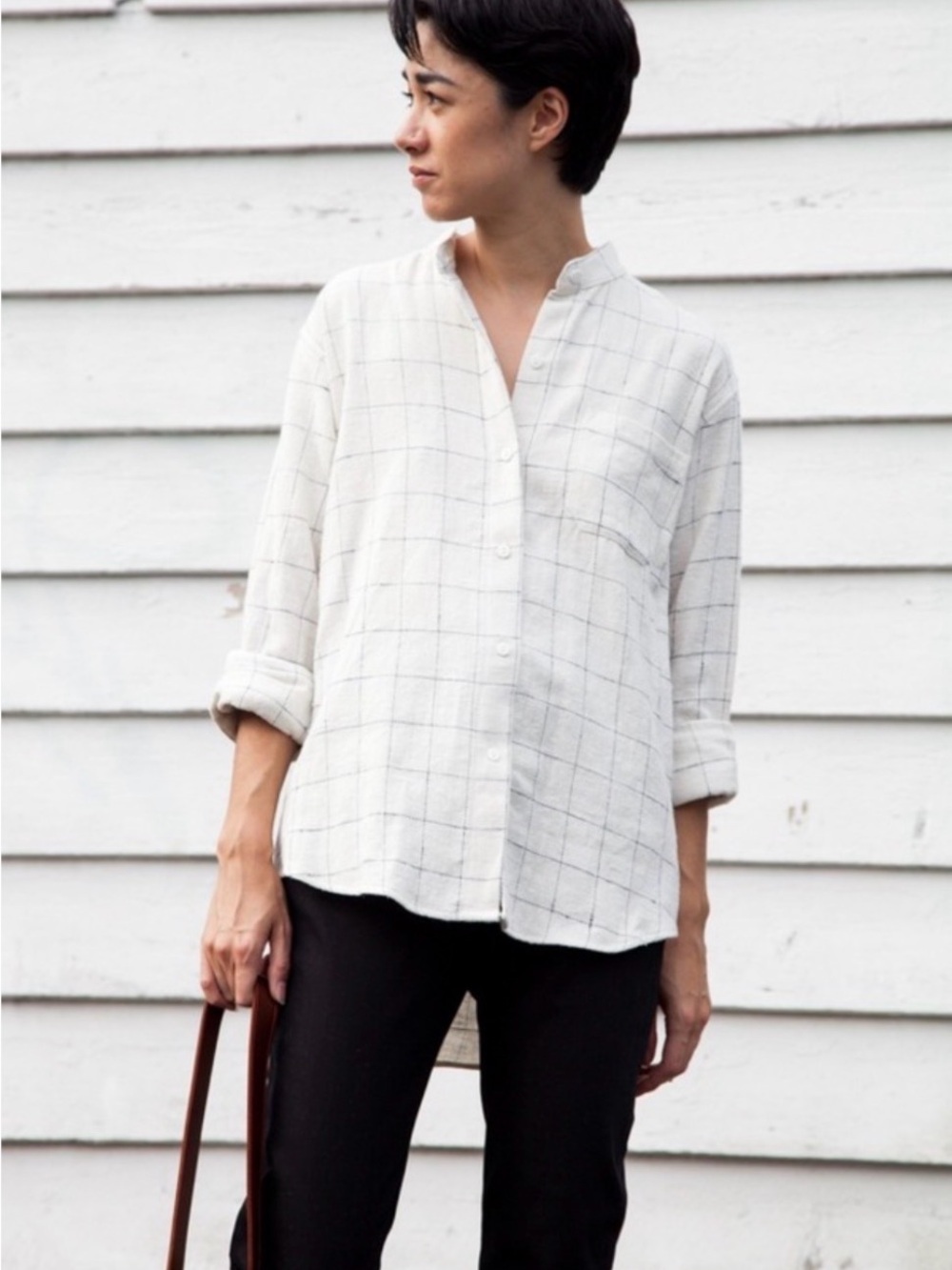 Vintage White Linen Mock Collar Button Down Top